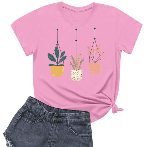NAMTYQX Tshirts Shirts for Women Print Baggy Short Sleeve Cool Oversized Round Neck Print Stretch Casual Blouses for Women Casual Pink Size XL