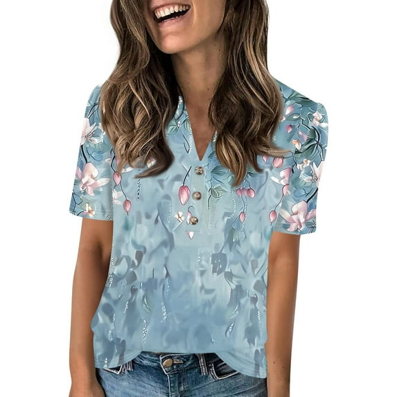 NAMTYQX Tshirts Shirts for Women Short Sleeve Loose Women Shirts Button V Neck Summer Shirts for Women Cyan Size S