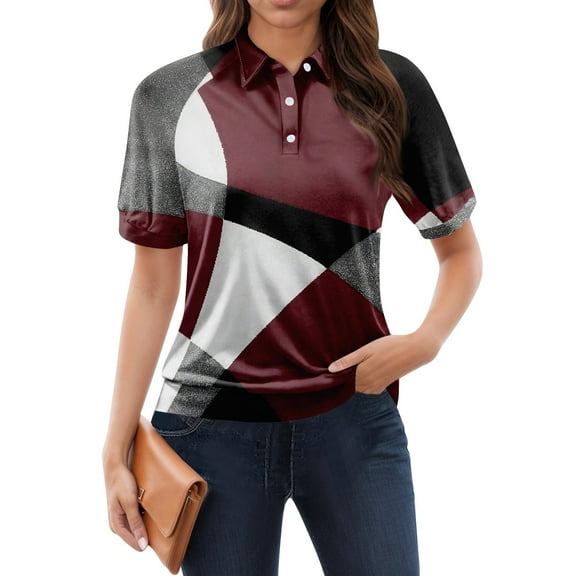 NAMTYQX Tshirts Shirts for Women Soft Casual Casual Womens Golf Shirts Lapel V Neck Short Sleeve Deep Red Size L