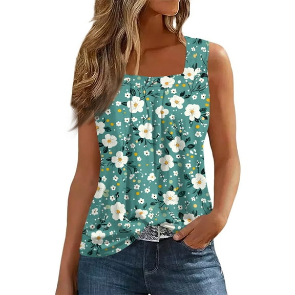 NAMTYQX Tshirts Shirts for Women Super Soft Tanks Trending Pattern Square Neck Slim Wide Shoulder Straps Casual Turquoise Size S