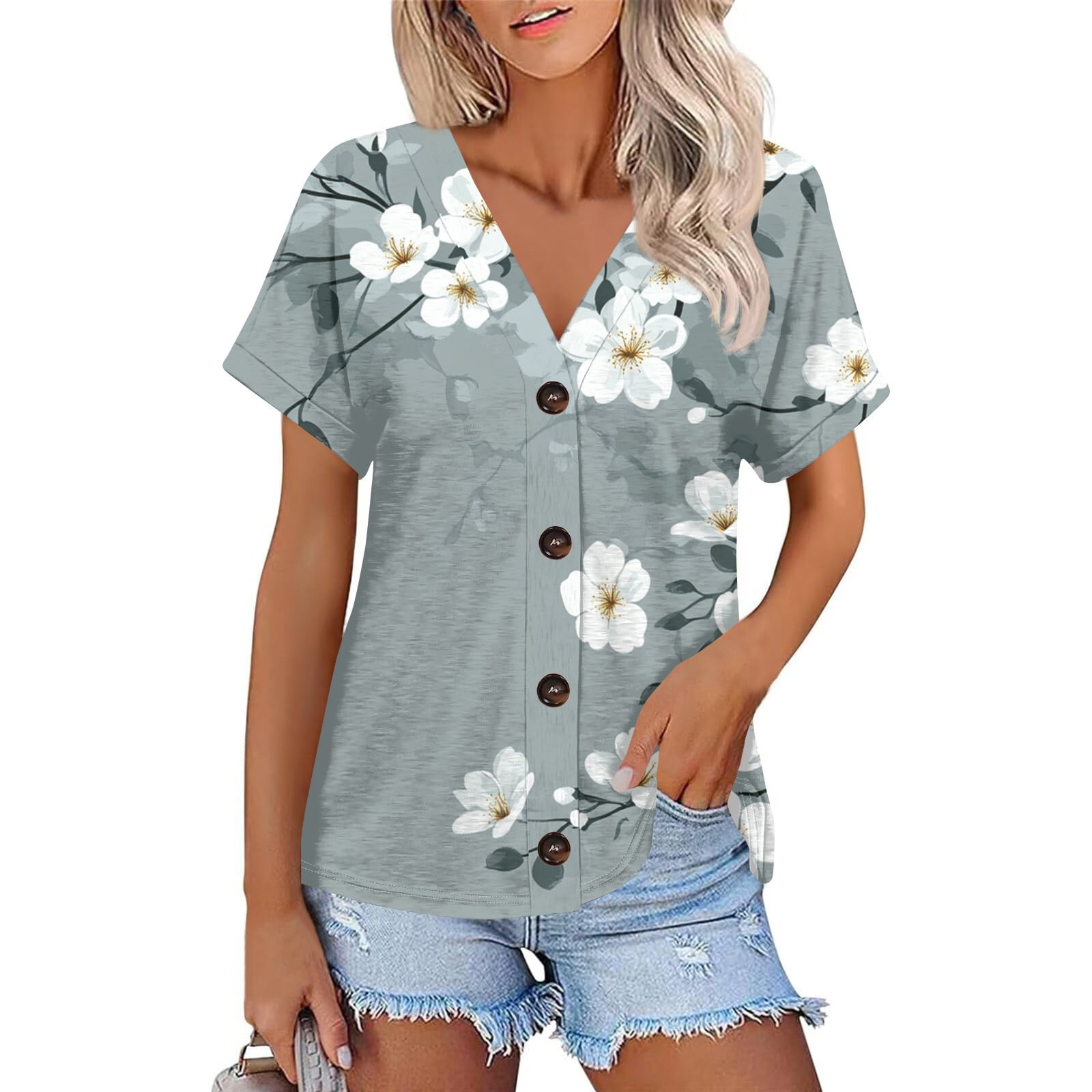 NAMTYQX Tshirts Shirts for Women V Neck Light Short Sleeve Button Down ...