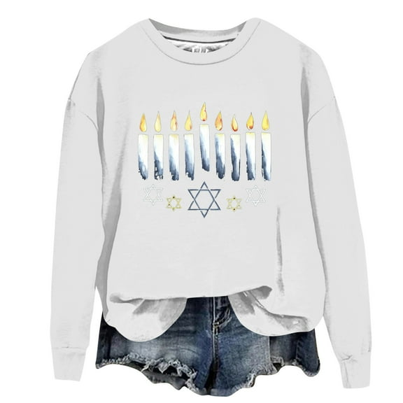 NAMTYQX Ugly Hanukkah Sweater Tunic Pullover for Women Long Sleeve Casual Baggy Crew Neck White Size M
