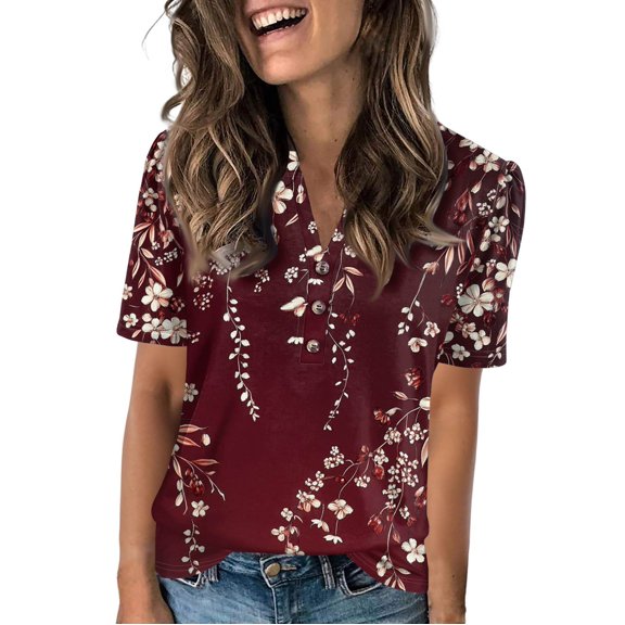 NAMTYQX V Neck T Shirts for Women Baggy Trendy Lightweight Patterns Womens Tshirts Summer Shirts for Women Wine Size L