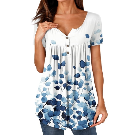 NAMTYQX V Neck T Shirts for Women Casual Plus Size Pleated Loose Fit Graphic Hip Button V Neck Short Sleeve Sky Blue Size L