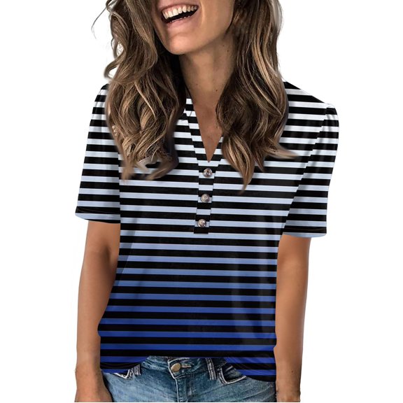 NAMTYQX V Neck T Shirts for Women Graphic Button V Neck Short Sleeve Loose Fit Casual Tops for Women Dark Blue Size M