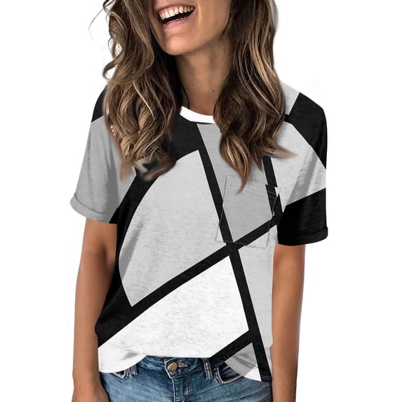 NAMTYQX V Neck T Shirts for Women Short Sleeve Crew Neck Blouses for Women Patterned Summer Shirts for Women Black Size 3XL