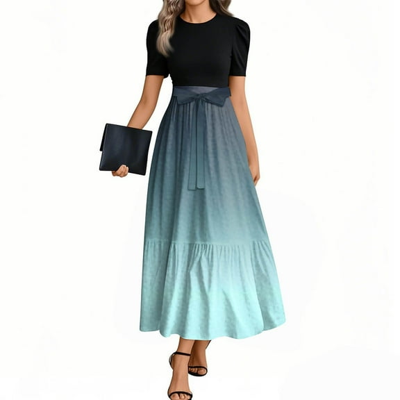 NAMTYQX Vacation Dresses for Women 2025 Hawaii High Waist Floral Print Long Summer Dresses for Women 2025 Cyan Size 2XL