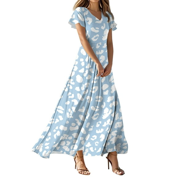 NAMTYQX Vacation Dresses for Women 2025 Hawaiian Floral Short Sleeve Summer Dresses for Women 2025 Trendy Sky Blue Size XL