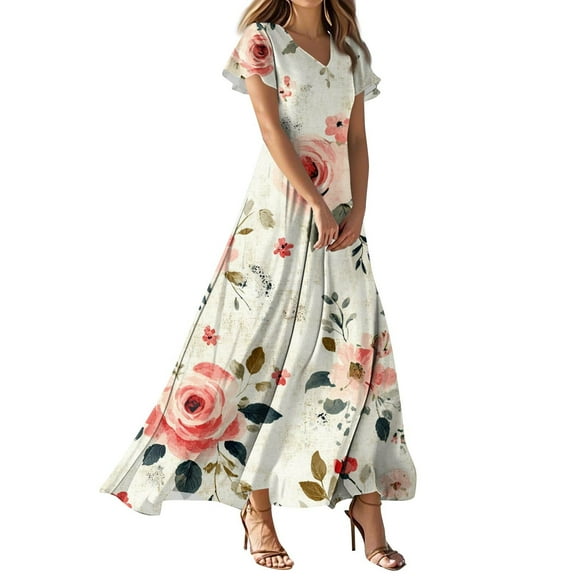 NAMTYQX Wedding Guest Dresses for Women Boho Short Sleeve Dresses for Women 2025 Casual Spring Beige Size L