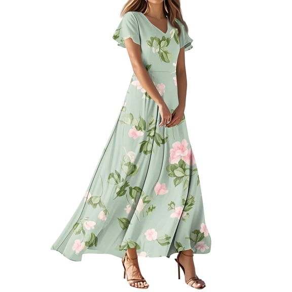 NAMTYQX Wedding Guest Dresses for Women Maxi Dresses V Neck Hawaiian Floral Maxi Dresses for Women 2025 Multicolor Size M