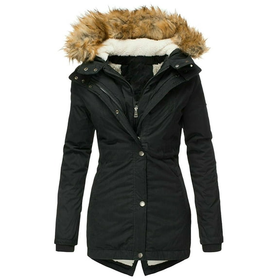 NAMTYQX Winter Coats for Women 2024 Trendy Puffer Jacket Fleece Fuzzy Warm Thicken Parka Sherpa Trimmed Collar with Hood Black Size M
