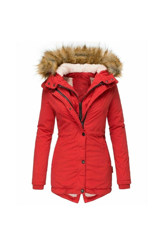 Winter Coats for Women Warm Thicken Parka Sherpa Trimmed Collar Fleece Fluffy with Hood Puffer Jacket Red Size S