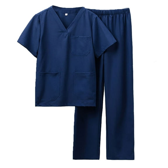 NAMTYQX Women Scrubs Sets Short Sleeve with Pockets Nursing Scrubs Set Uniform Floral Casual 4-Way Stretch Navy Size 2XL