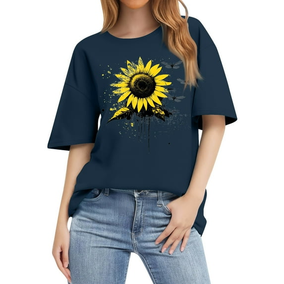 NAMTYQX Women's Blouses Crewneck Short Sleeve Relaxed Fit Hawaiian mit Print Pattern Cool Plus Size Lightweight Womens Summer Tops 2025 Navy Size 2XL