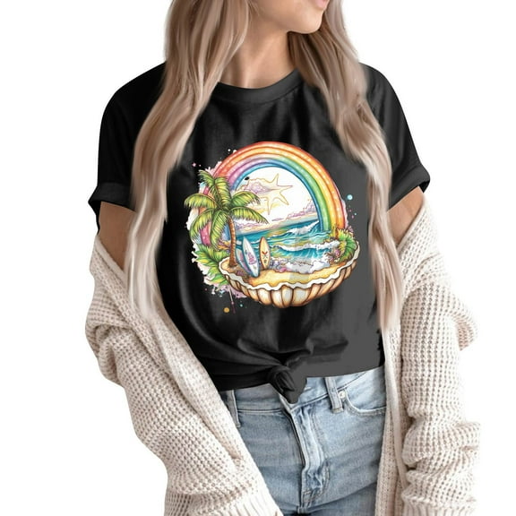 NAMTYQX Women's Blouses Pattern mit Print Soft Short Sleeve Basic Comfy Stretchy Plus Size Scoop Neck Blouses for Women Casual Black Size L