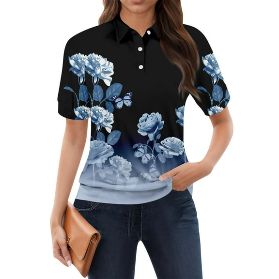 NAMTYQX Women's Blouses & Shirts Lapel Womens Golf Shirts Soft Lounge Short Sleeve Casual Dark Blue Size L