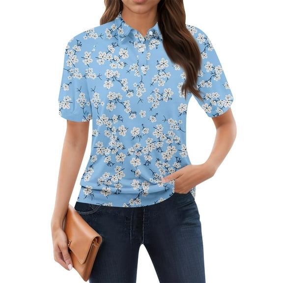 NAMTYQX Women's Blouses & Shirts Short Sleeve Lapel V Neck Womens Polo Shirts Light Blue Size L