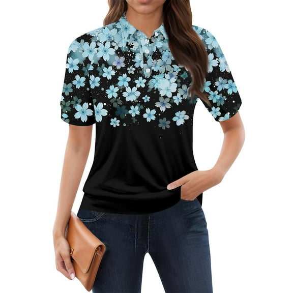 NAMTYQX Women's Blouses & Shirts Short Sleeve Lounge Womens Golf Polo Shirts Lapel Neck Trending Soft Light Blue Size 3XL