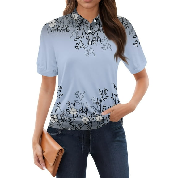 NAMTYQX Women's Blouses & Shirts Short Sleeve Womens Polo Shirts Lapel V Neck Sky Blue Size 3XL