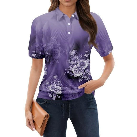 NAMTYQX Women's Blouses & Shirts Soft Short Sleeve Lapel Womens Polo Shirts Lounge Trendy Purple Size M