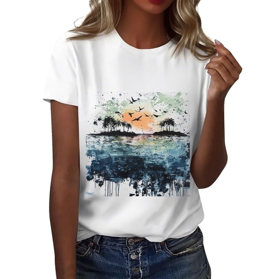 NAMTYQX Women's Summer Tops Airoft Plus Size Stretchy Grafisches Short Sleeve Patterned Hawaiian Comfy Round Neck Womens T Shirts Loose Fit Orange Size 2XL