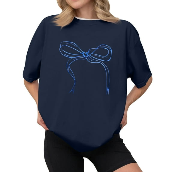 NAMTYQX Women's Summer Tops Cool Stretch Round Neck Cute Short Sleeve Loose Fit Gemustert Oversized Print Womens Oversized Tee Shirts Navy Size S