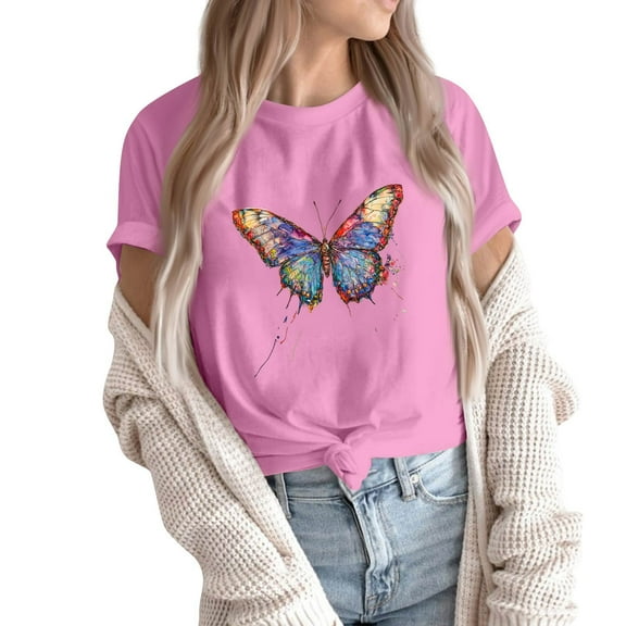 NAMTYQX Women's Summer Tops Cute Bedrucktes Crew-Neck Stretch Baggy Short Sleeve Airoft Oversized Graphic Womens Shirts Dressy Casual Pink Size 4XL