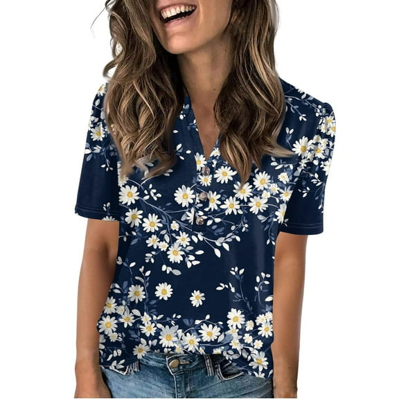 NAMTYQX Women's Summer Tops Short Sleeve Cute Tops for Women Graphic Graphic Tees for Women Trendy Dark Blue Size XL