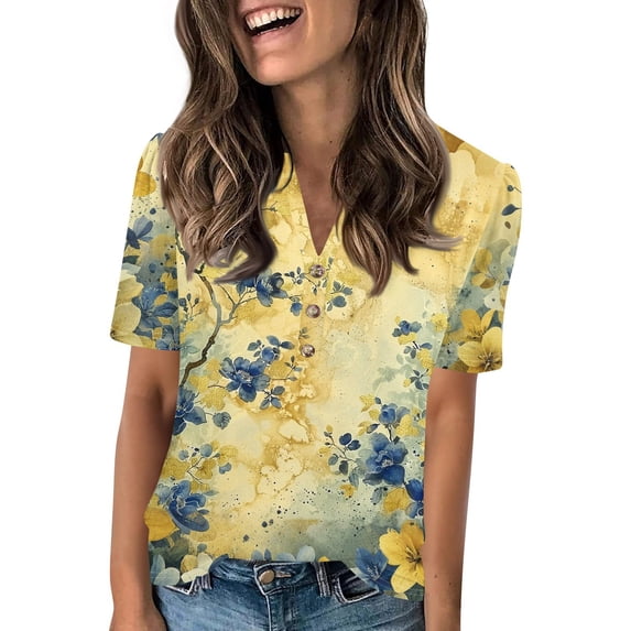 NAMTYQX Women's Summer Tops True Classic Tees Lightweight Patterned Trendy Baggy Womens Short Sleeve Tops Yellow Size 3XL