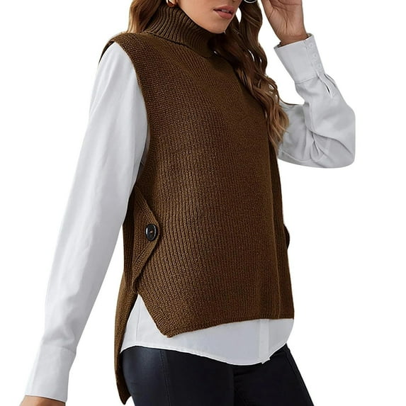 NAMTYQX Women's Sweater Vests Coloured Knit Warm Pullover Sweaters for Women Sleeveless Casual Turtleneck Coffee Size L