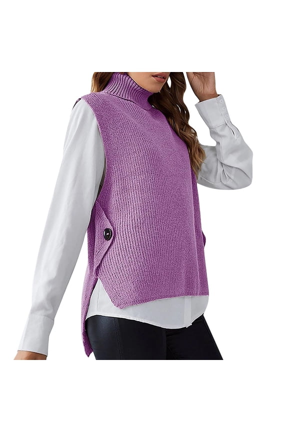 Women's Sweater Vests Turtle Neck Cute Sweaters for Women Solid Cute Sleeveless Cable Knit Warm Purple Size S