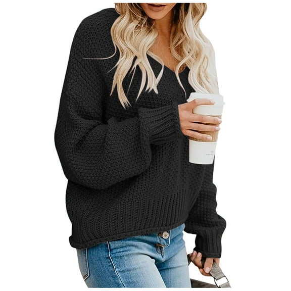 NAMTYQX Women's Sweaters Baggy Cute Long Sleeve Knit Coloured Pullover Sweaters for Women Warm V Neck Black Size XL