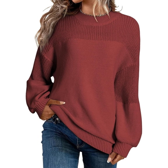 NAMTYQX Women's Sweaters Casual Warm Women's Pullover Sweaters Round Neck Long Sleeve Solid Color Loose Fit Wine Size S