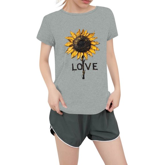 NAMTYQX Women's T-Shirts Basic Loose Oversize Short Sleeve Stretch Round Neck Print Cool Mit Print Summer Tops for Women 2025 Light Gray Size 4XL