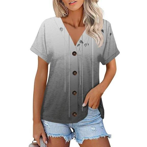 NAMTYQX Women's T-Shirts Fashion Soft Short Sleeve Baggy Lounge Button Down Open Front V Neck Plus Size Light Gray Size XL