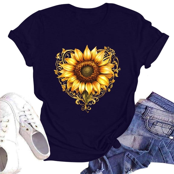NAMTYQX Women's T-Shirts Graphic Crew-Neck Stretch Short Sleeve Trendy Plus Size Baggy Grafisches Soft Womens Summer Tops Dark Blue Size S