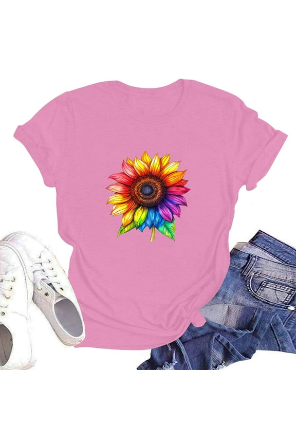 Women's T-Shirts Loose Cool Hip Crew-Neck Printed mit Print Short Sleeve Light Plus Size Trendy Tops for Women 2025 Pink Size M