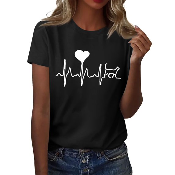 NAMTYQX Women's T-Shirts Short Sleeve Baggy Cool Casual Plus Size Patterned Bedrucken Stretch Crew Neck Womens Blouses Black Size M