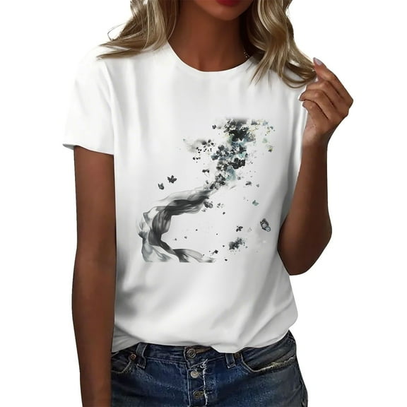 NAMTYQX Women's T-Shirts Short Sleeve Crewneck Lightweight Cute Loose Patterned Plus Size Muster Soft Tops for Women 2025 Light Gray Size L