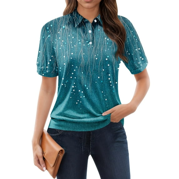 NAMTYQX Women's T-Shirts Soft Short Sleeve Hip Womens Polo Shirts Lapel Lounge Blue Size L
