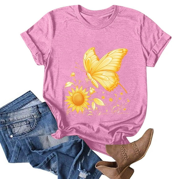 NAMTYQX Women's T-Shirts Stretch Short Sleeve Mit Muster Baggys Round Neck Print Hawaiian Oversized Breathable Shirts for Teens Girls Pink Size M