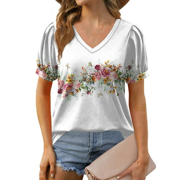 NAMTYQX Women's T-Shirts Trendy Soft Light Short Sleeve Plus Size Loose Fit Printed V Neck Casual White Size 3XL