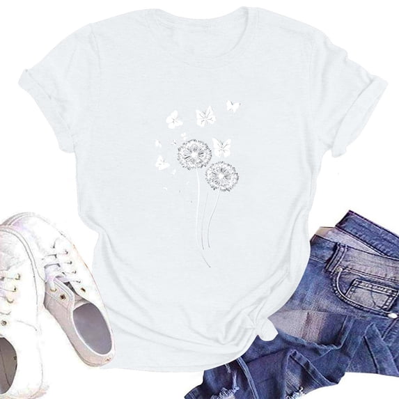 NAMTYQX Womens Blouses Casual Short Sleeve Plus Size Boxy Fit Soft Crewneck Print Stretch Bedruckt Womens Summer Tops 2025 White Size L