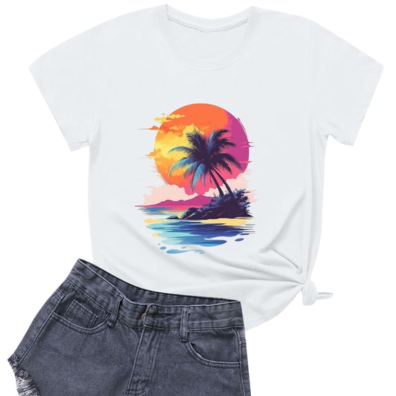 NAMTYQX Womens Blouses Loose Fullprint Crew-Neck Plus Size Stretchy Graphic Short Sleeve Cool Cute Womens Casual Tops White Size 2XL