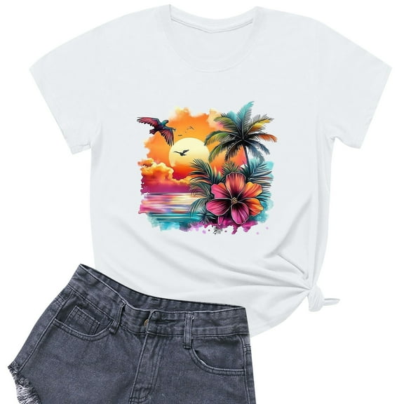 NAMTYQX Womens Blouses Print Crew Neck Lightweight Plus Size Relaxed Fit Cool Trendy Short Sleeve Print Spring Tops for Women 2025 White Size 2XL