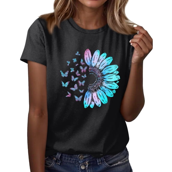 NAMTYQX Womens Blouses Soft Plus Size Baggy Trending mit Print Short Sleeve Light Round Neck Print Plus Size Tops for Women Black Size XL
