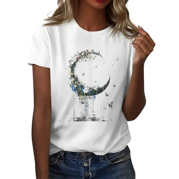 NAMTYQX Womens Blouses Stylish Crew Neck Cool Light Print Short Sleeve Muster Baggys Plus Size Womens Oversized Tee Shirts Light Blue Size 2XL