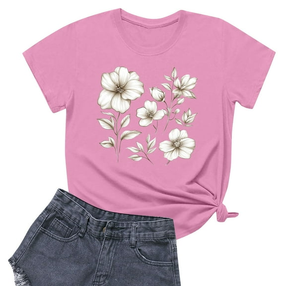 NAMTYQX Womens Blouses Trending Print Stretchy Airoft Boxy Fit Patterns Short Sleeve Plus Size Crew Neck Short Sleeve Blouses for Women Pink Size L