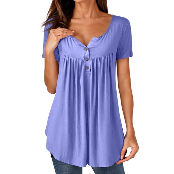 NAMTYQX Womens Button Down Shirt Patterned Loose Fitting Plus Size Button V Neck Fashion Casual Short Sleeve Ruffle Sky Blue Size 2XL