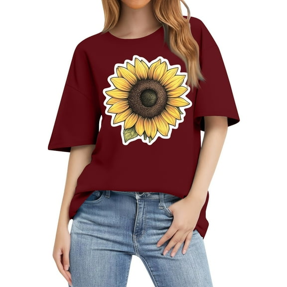 NAMTYQX Womens Casual Tops Oversized Crewneck Breathable Loose Print Stretch Hawaiian Short Sleeve Print Hawaiian Shirts for Women Wine Size M